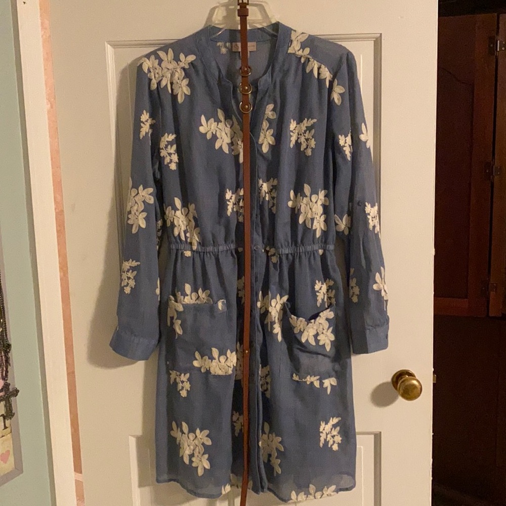 Denim color embroidered dress with slip and belt
